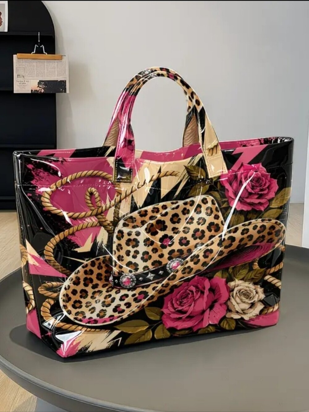 Western Leopard Print Cowgirl Hat And Rope PVC Daily Commuter Tote